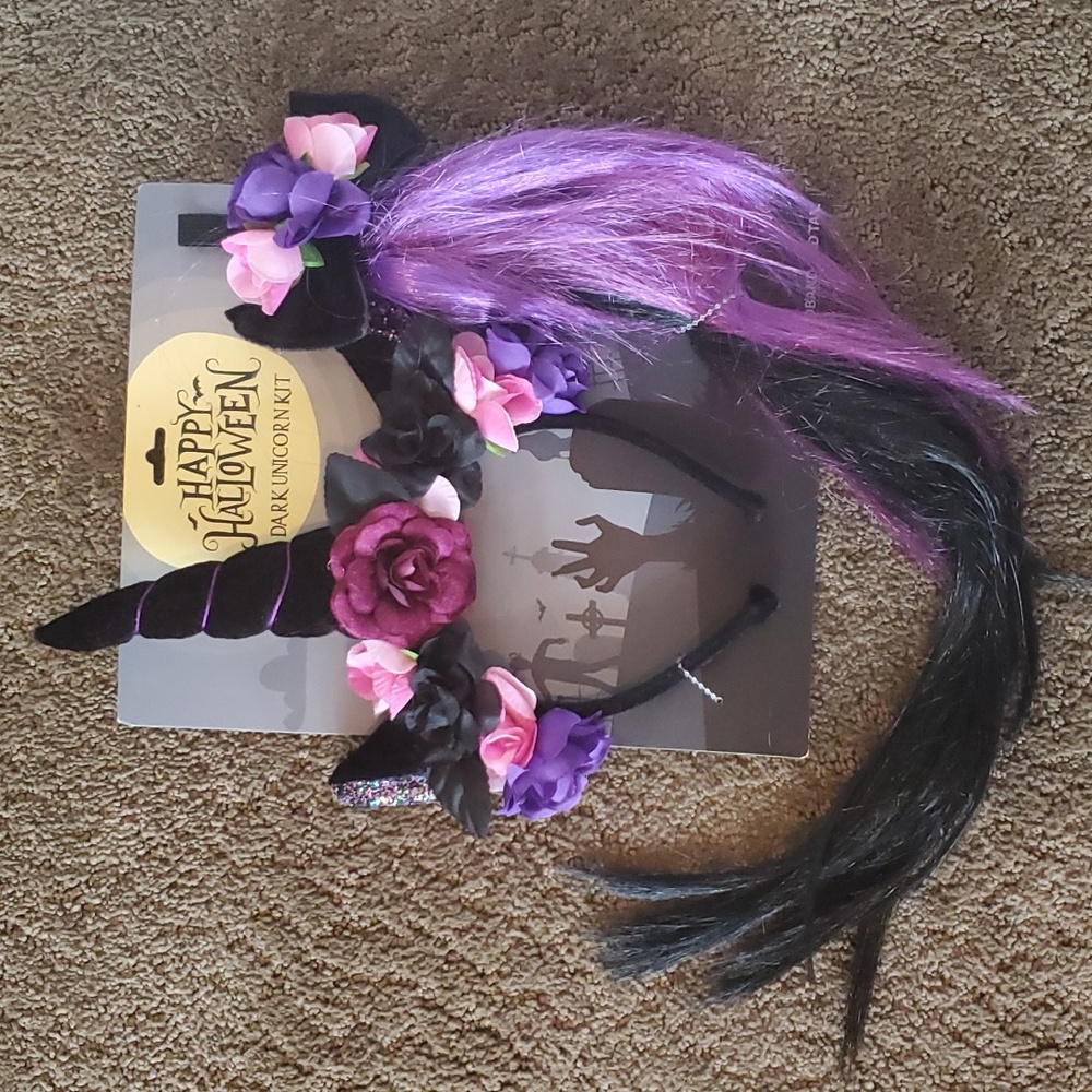 Adult Womens Teen DARK UNICORN Halloween Costume Kit Horn Ears Headband Tail NWT